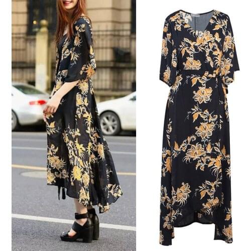High waist lace up deep V print dress loose kimono fashion dress