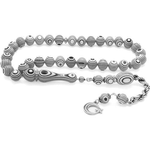 Tesbihane 925 Sterling Silver Rope Tassels Sphere Cut Arizona Galalit Rosary