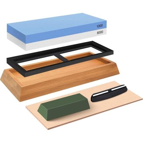 Whetstone Knife Sharpener Stone Set,1000/6000 Grit Knife Sharpening with Leather Honing,Polishing Compound for Kitchen