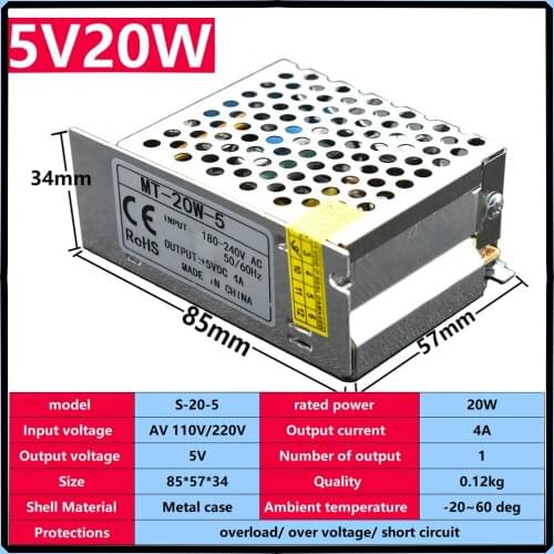 Lighting Transformer AC110V-220V to DC 5V Power Supply Adapter 4A Power Supply Source Adapter LED Strip Switch Driver