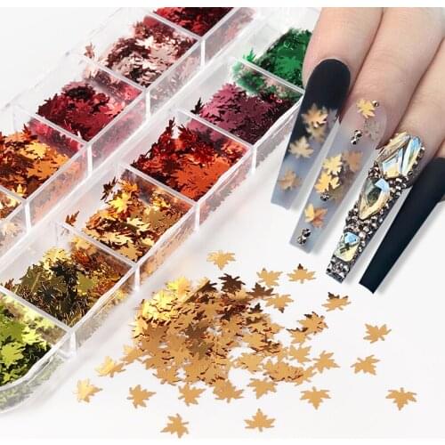 Mirror Maple Leaf Glitter Sequins Metallic Leaves Sparkly Flakes For Fall Nail Design Xmas Gel Polish Nail Accessories RK140163