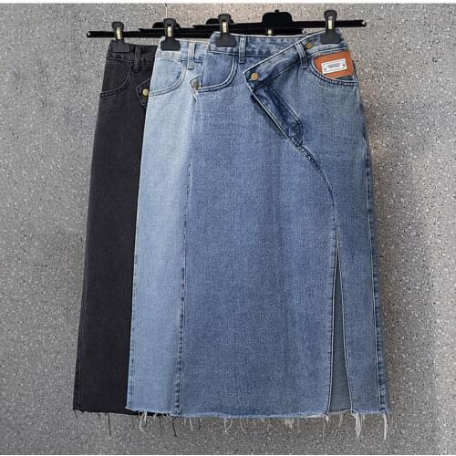 Plus Size Sexy High Split Denim Skirt 4XL Street Korean Style Jeans Mid Length Skirts for Women Vintage Jean Midi Faldas Mujer