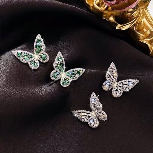 USTAR New Full Crystal Butterfly Stud Earrings For women Shiny Rhinestone silver color Earring Party Wedding Fashion Jewelry