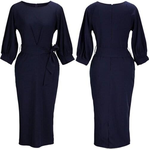 New Women Business Bodycon Dress Spring Lantern Sleeve Slim Party Dresses Office Lady Mid-Calf Pencil Dress With Sashes Vestidos