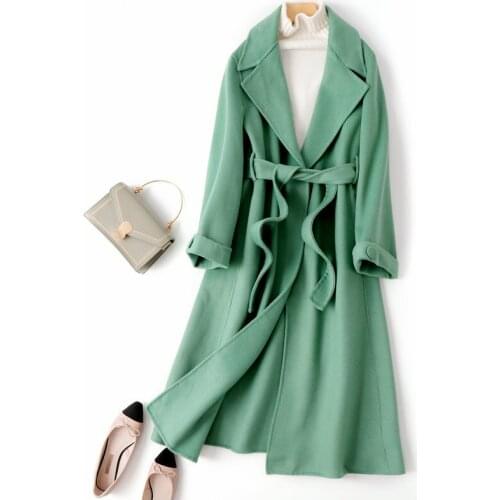 2020 Turn Down Collar Woolen With Belt Elegant 70% Wool Cashmere Open Stitch Long Coat Jacket Women Casaco Feminino