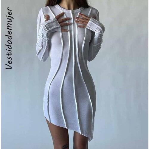 Vestido De Mujer Long Sleeve Bodycon Dress Fall 2021 Street Fashion Solid Ribbed Knitted Mini Dresses White Winter Party Dress