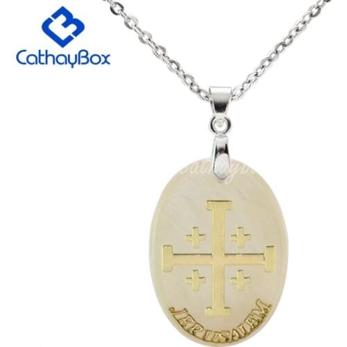 Women Mother of Pearl Jerusalem Cross Charm Shell Religious Pendant Necklace Holy Land Gift