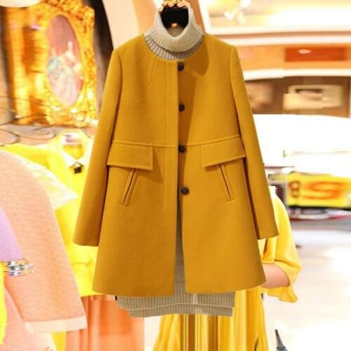 Plus Size Korean Coat Yellow Medium Long Black New 2019 Spring Autumn Long Sleeved O-neck Wool Coat Women Loose A-aline Casacos