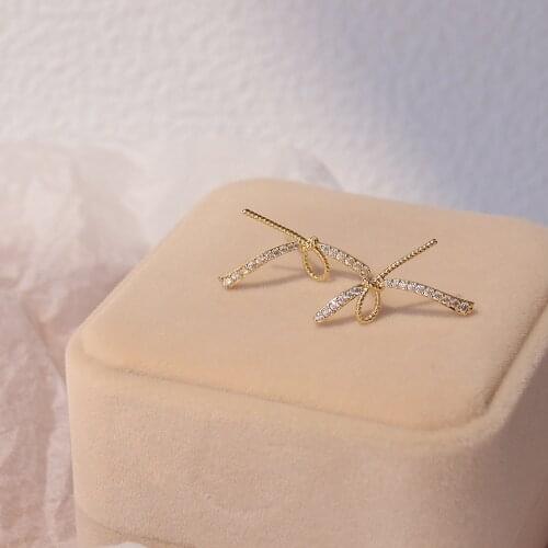 14k Real Gold Plated Fashion Jewelry Crystal Bowknot Cute Exquisite Stud Earrings for Woman Holiday Party Elegant Earring