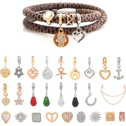 40cm Coffee snake grain Genuine Leather Bracelet Double Layer Bracelet Set with 4pcs Random style DIY Charms