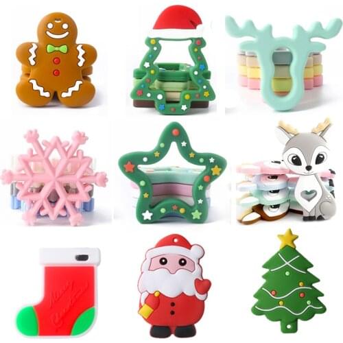 Lets Make 5pcs Silicone Teether Christmas Gifts Tree Snowflake Pacifier Chain Making Food Grade Silicone Sika Deer Baby Teether
