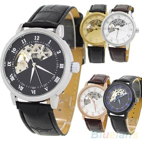 Fashion Mens Mechanical Hollow Dial Faux Leather Band Numerals Wrist Watch Montre Reloj Homme Mas-culino мужские часы Clock