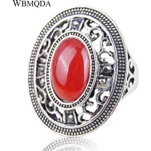 Ethnic Vintage Bohemian Ring Big Silver Color Rings For Women Tibetan Jewelry Red Blue Stone Accessories Free Shipping