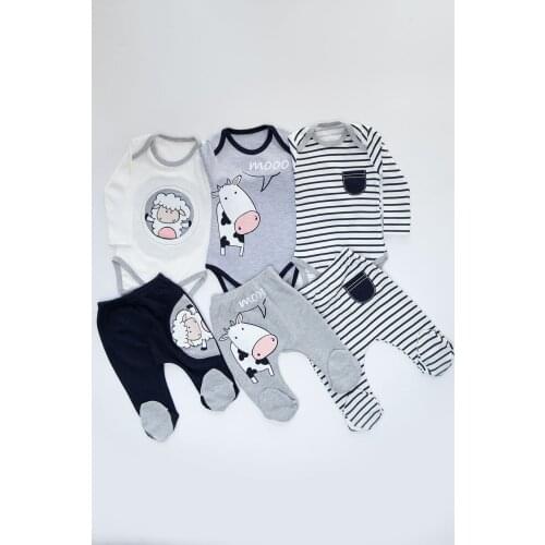 Flaneur Baby Unisex Long Sleeve Lamb Cow Patterned 6 Pieces 3 Set Bodysuit Pants Premium Quality Natural Cotton