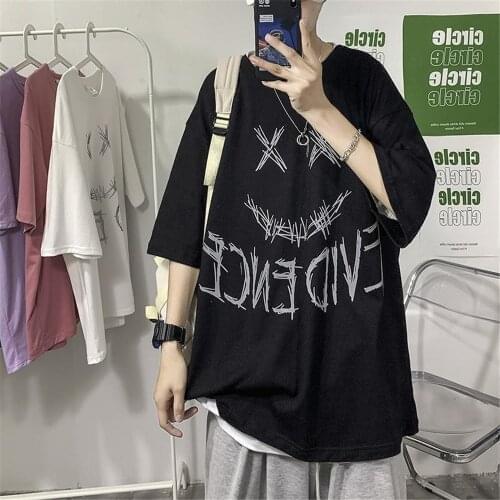 Black Devil Print T-Shirt Male Funny Harajuku Loose Fashion Summer Half Sleeve Oversize Tops Couple Gothic Reflective T Shirts