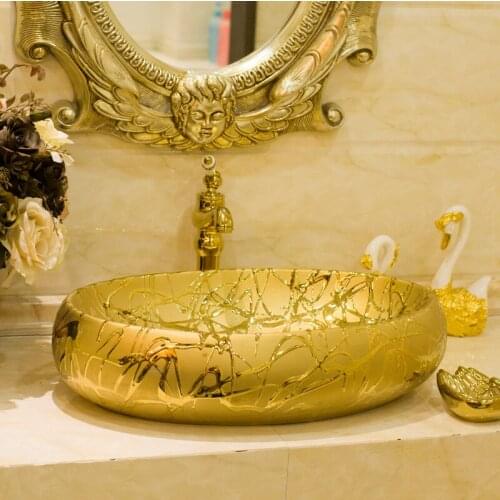 Oval shape Ceramic Art Basin Sinks Counter Top Wash Basin Vessel Sinks vanities bathroom ceramic hand wash basin golden carving