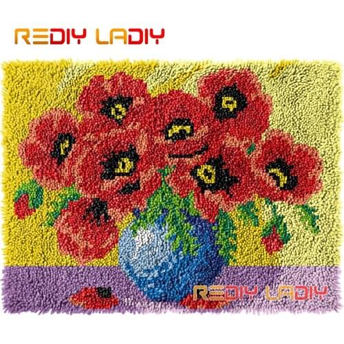Latch Hook Rug Poppies Vase Crocheting Wall Tapestry Kits DIY Carpet Rug Chunky Yarn Needlework Knitted Floor Mat Hobby & Crafts