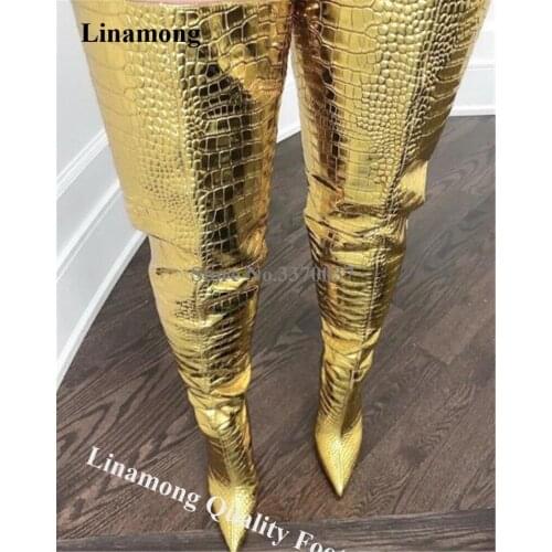 Linamong Sexy Pointed Toe Gold Pattern Leather Stiletto Heel Thigh High Boots Slim Style Super Long High Heel Boots Club Heels