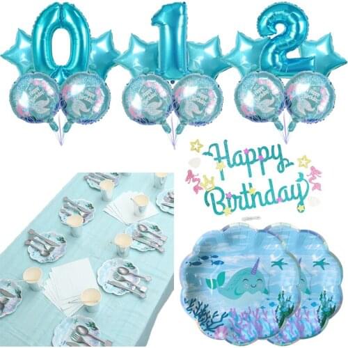Marine Theme Party Narwhal Seashell Happy Birthday Party Dinner Plate Supplies Props Cutlery Set Mermaid Balloon Decoration