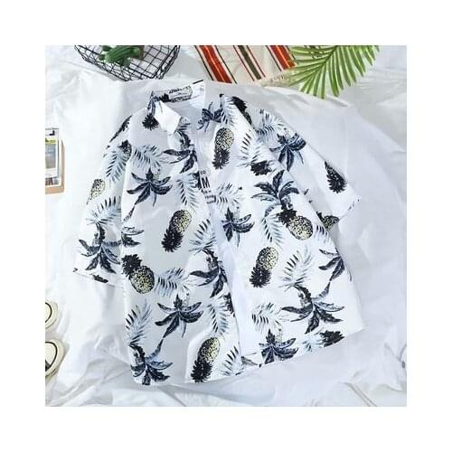 Mens new short-sleeved beach pineapple print fashion casual slim business shirt men and women go with Asian sizes