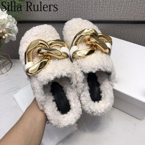 New Style Gold Chain Closed Toe Slippers Women Lmitation Wool Thick Sole Mules Woman Round Toe Low Heels Mules for Women