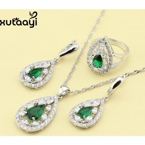 Silver Womens Health Fashion Water Drop Jewelry Set ,Green Imitated Emerald White Crystal Ring Size /7/8/9/10 Made In China