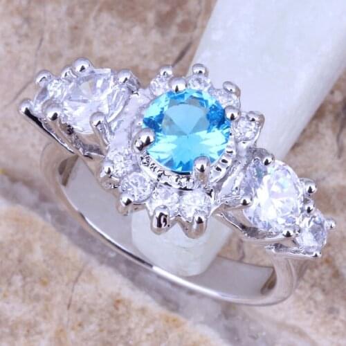 Stunning Sky Blue Cubic Zirconia White CZ Silver Plated Womens Ring Size 6 / 7 / 8 / 9 R1023