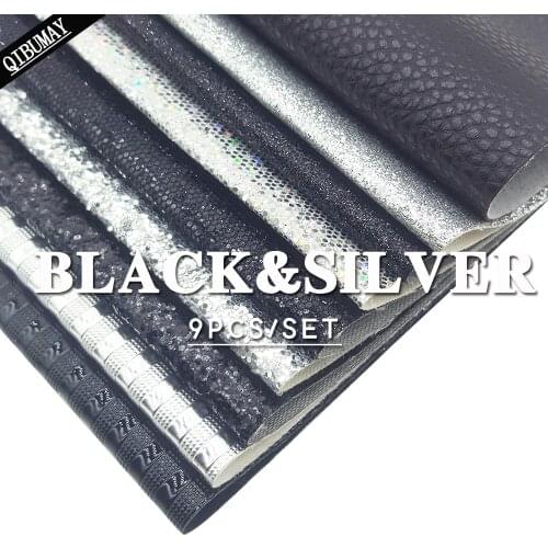 QIBU 9pcs 22*30cm Black&Silver Faux Leather Sheet Litchi Chunky Glitter Fabric A4 Homework Bags Earrings Accessories Decoration