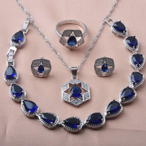 Silver Color Jewelry Sets For Women Wedding Jewelry Blue Crystal Earrings Rings Bracelet Necklace Birthday Gifts YZ0639