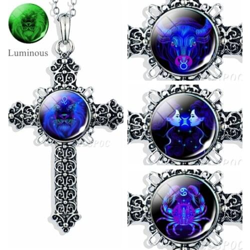 Glowing in Dark 12 Constellations Jewelry Cross Necklace Luminous Fashion Glass Pendant Ladies Mens Birthday Gifts