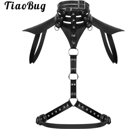 TiaoBug Men Black Faux Leather Harness Belt Metal Rings Male Halter Body Punk Gothic Crop Top Hot Sexy BDSM Bondage Rave Costume