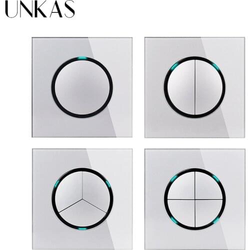 UNKAS Grey 1 2 3 4 Gang 1 / 2 Way Random Click On / Off Pass Through Wall Light Switch LED Indicator Gray Crystal Glass Panel