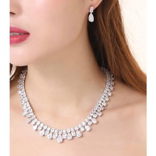 ZAKOL Luxury Square Water Drop Zirconia Earrings Necklace Bridal Wedding Jewelry Set for Women Evening Party Dress FSSP071