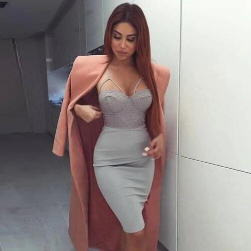 Celebrity Bandage Dress Women Summer New Gray Sexy Spaghetti Straps Backless Sleeveless Knne Length Fashion Party Dress Vintage