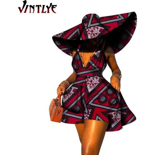 2021 Women Summer Dress African Fabric Print Dress Sexy Sleeveless Holiday Dress Maxi Color Dress and Hat Unique WY8844