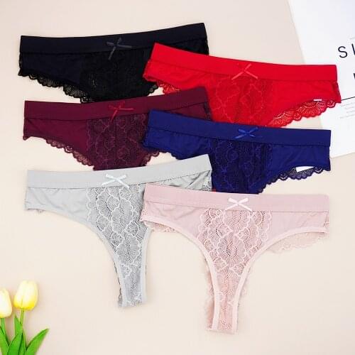 6 Pcs Lots Women Underwear Sexy Lingerie Feminina G Strings Thong for Lady Solid Color with Bow Ice Silk Satin Panties Wholesale