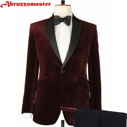 Abruzzomaster Mens Burgundy Velvet Dinner Blazers and Black Pants Grooms Tuxedo Velvet Jacket Custom Made Man Suit Tailor Suit