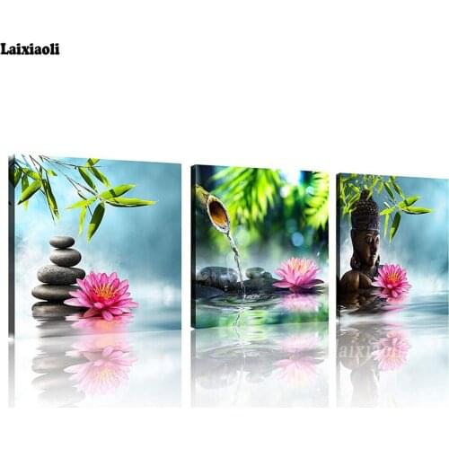 Diamond painting Spa Stone Green Bamboo Pink Water lily Zen Buddha Picture cross stitch embroidery mosaic 3 pcs wall decoration