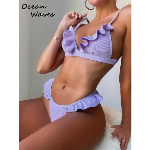 2021Push Up Bikinis Womens Swimsuits Sexy Ruffle Swimwear Ribbed Bathing Suits Thong High Waist Purple Beachwear New Bikini Set