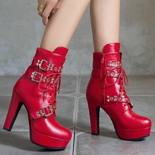 Ladies Comfortable Thick-Soled Square High-Heel Martin Boots Fashion Round Toe Buckle Zipper Autumn Winter Ankle Boots