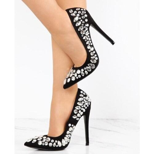 Black Crystals Rhinestone Stilettos Pointed Toe Pumps Woman Super High Thin Heels Ladies Wedding Shoes Large Size 11 16 Elegant