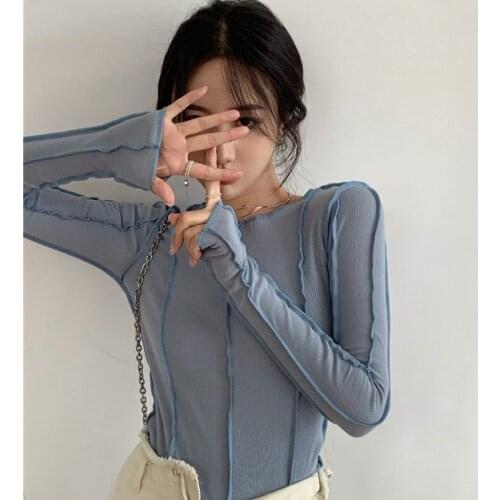 Wild Style Niche Design Sense Personality Stitching Round Neck Top Tide Slim Slimming Bottoming Autumn