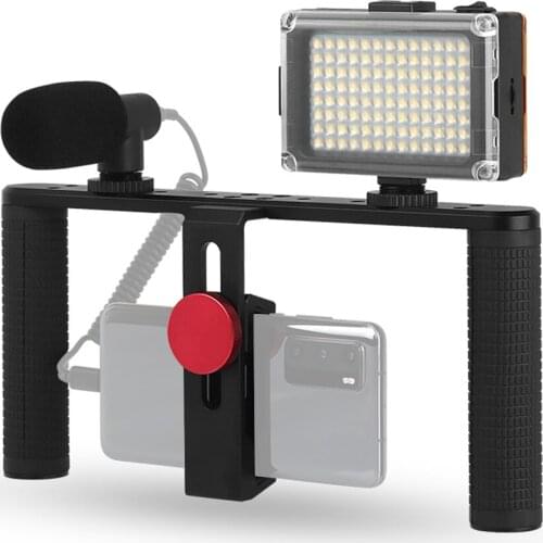 Dual Handheld Phone Cage Dual-Handgrip Video Cage with 3200K-6400K Bi-color mini LED Video Light Microphone for Smartphones