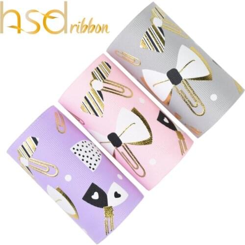 HSDRibbon 75MM 3 inch Designer custom little clip ink with gold Foil Printed on Grosgrain Ribbon