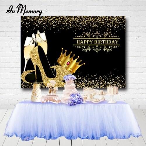InMemory Black Gold Theme Adult Birthday Party Backdrop Crown Heels Champagne Glitter Lady Woman Photography Backgrounds Custom