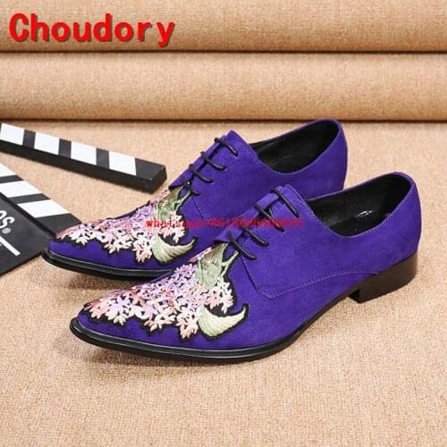 Choudory Italian mens shoes brands embroidery purple shoes men luxury lace up high heels mens pointed toe dress shoes