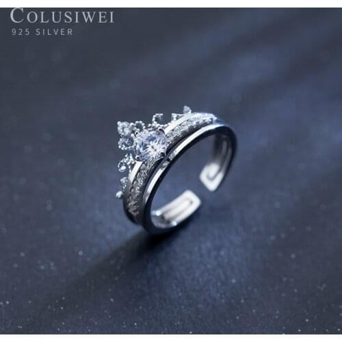 COLUSIWEI 925 Sterling Silver Shining AAA Zircon Crown Ring for Women Open Adjustable Engagement Wedding Rings Fashion Jewelry