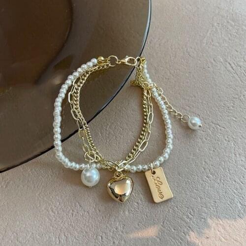 Korean Girls Sweet Three-Layer Pearl Chain Heart-Shaped Bracelets Unusual Accessories For Woman Student Party Fashion Jewelry