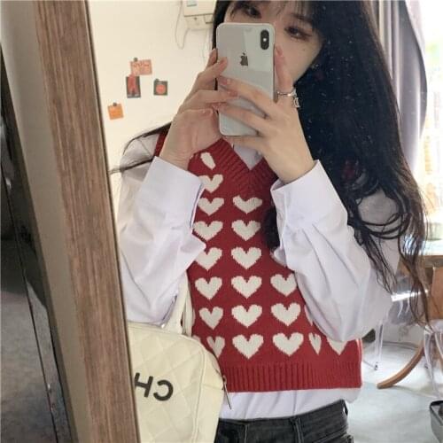 Cute kawaii v-neck sweetheart knitted vest winter thicken sleeveless all-match vest sweet preppy style retro vest winter fashion