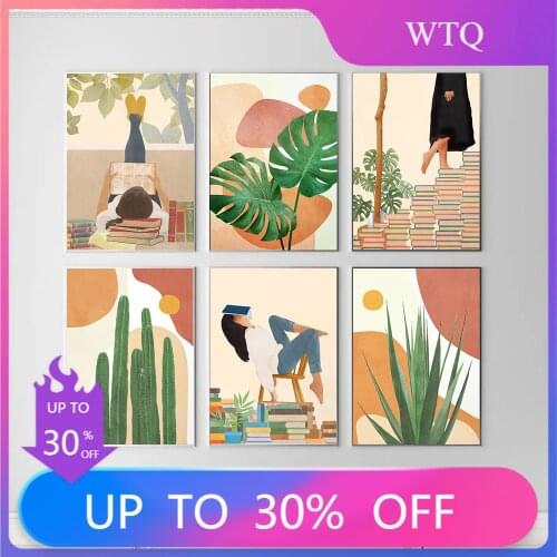 Wall Art Canvas Painting Abstract Boho Girl Book Nordic Posters And Prints Monstera Agave Cactus Wall Pictures Room Decoration